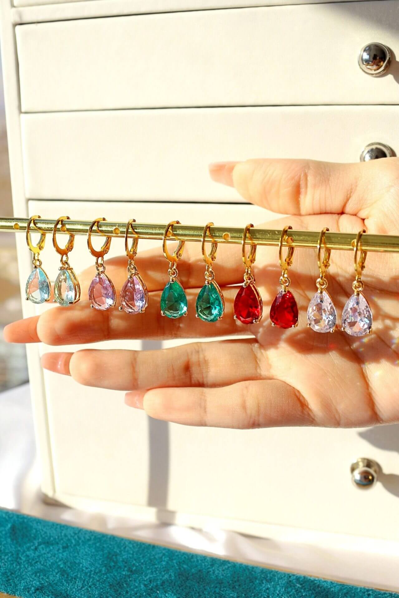 18 Karat rainbow teardrop charm hoop earrings