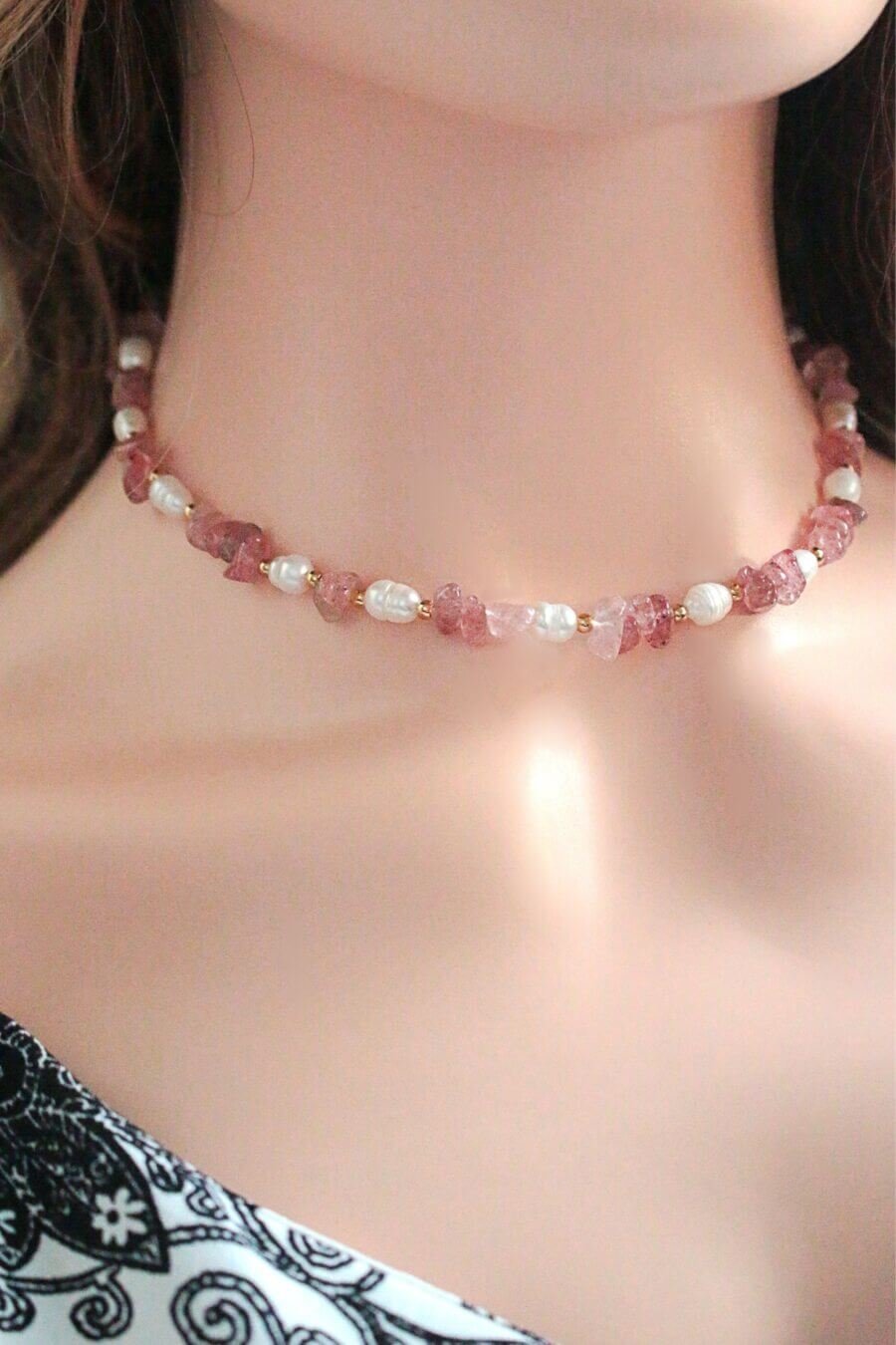 Dainty Pink Crystal and Pearl Choker Beach Necklace — Cape Cod Chokers
