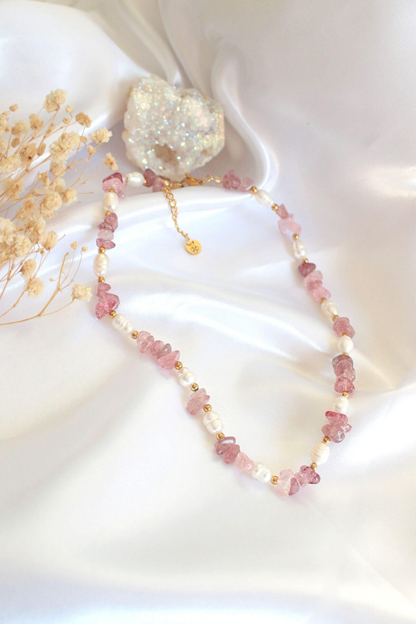 "Luau Party" | Natural Strawberry Quartz Crystal & Freshwater Pearls Choker
