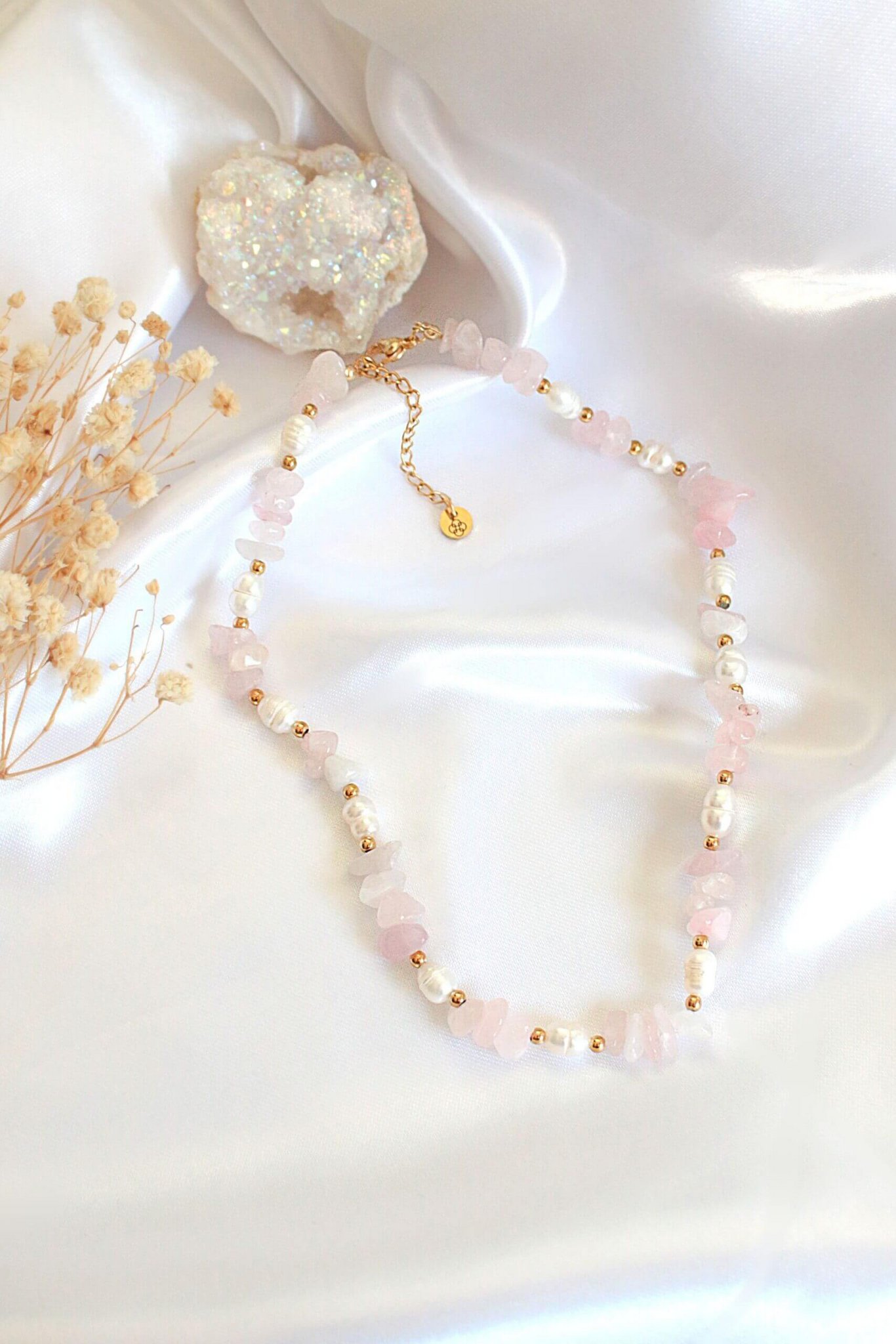 "Luau Party" | Natural Rose Quartz Crystal & Freshwater Pearls Choker